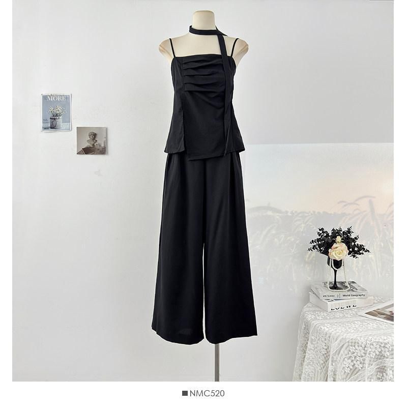 Asymmetrical Camisole and High-Waist Wide-Leg Pants Set