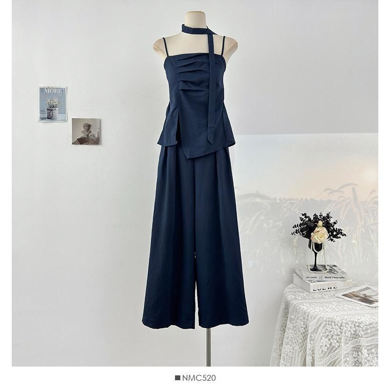 Asymmetrical Camisole and High-Waist Wide-Leg Pants Set
