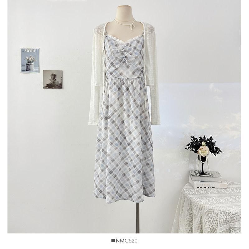 Spaghetti Strap Plaid Midi A-Line Dress