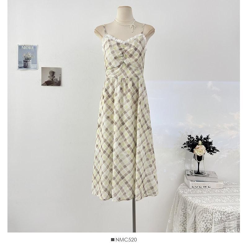 Spaghetti Strap Plaid Midi A-Line Dress