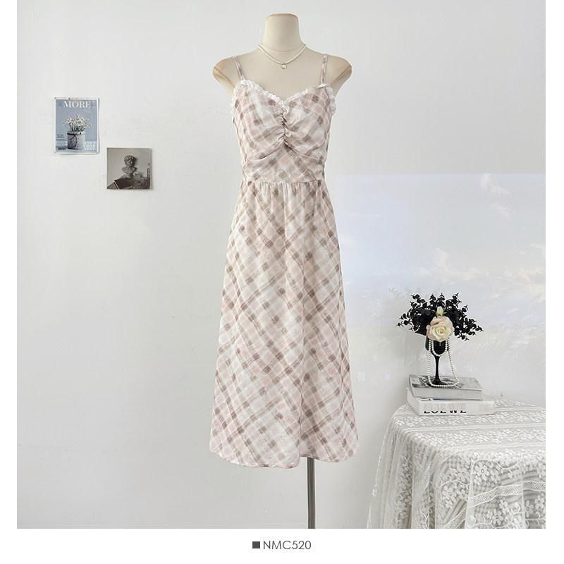 Spaghetti Strap Plaid Midi A-Line Dress