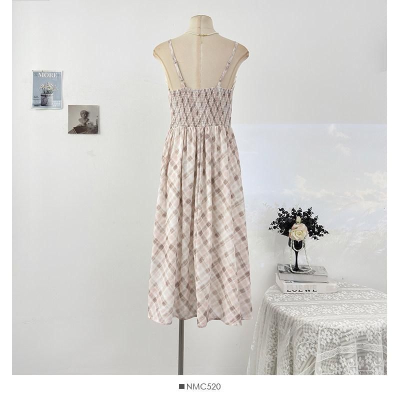 Spaghetti Strap Plaid Midi A-Line Dress