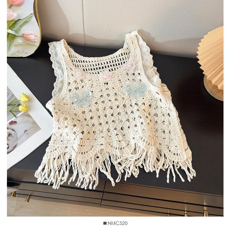 Crochet Fringed Crop Top with U-Neckline