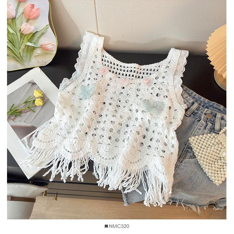 Crochet Fringed Crop Top with U-Neckline