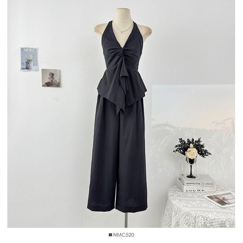Sleeveless Asymmetric Top + High-Waist Wide-Leg Pants Set