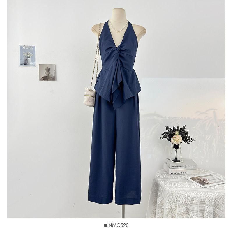 Sleeveless Asymmetric Top + High-Waist Wide-Leg Pants Set
