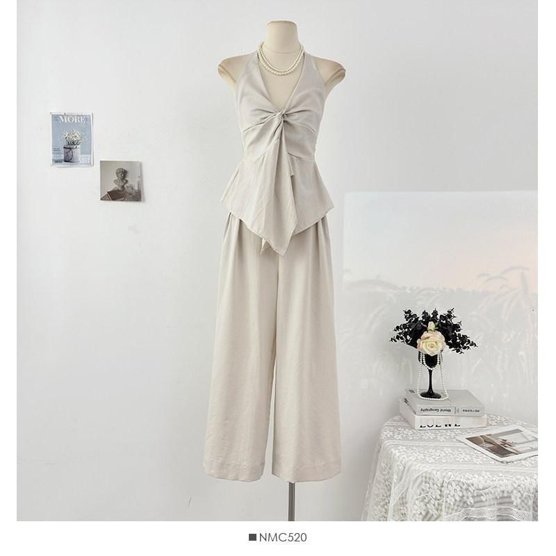 Sleeveless Asymmetric Top + High-Waist Wide-Leg Pants Set