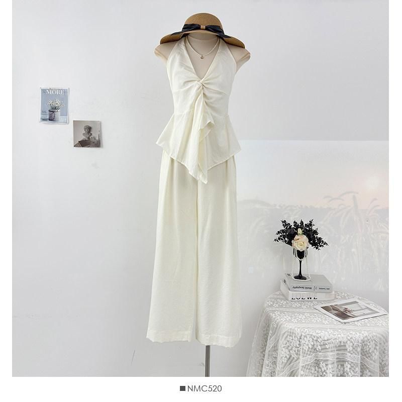 Sleeveless Asymmetric Top + High-Waist Wide-Leg Pants Set
