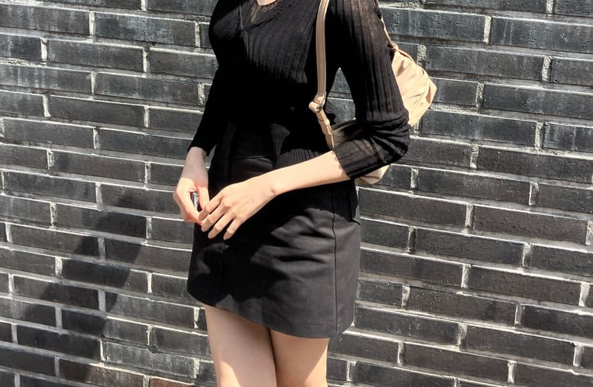 Halter Ribbed Knit Top + V-Neck Cardigan Set
