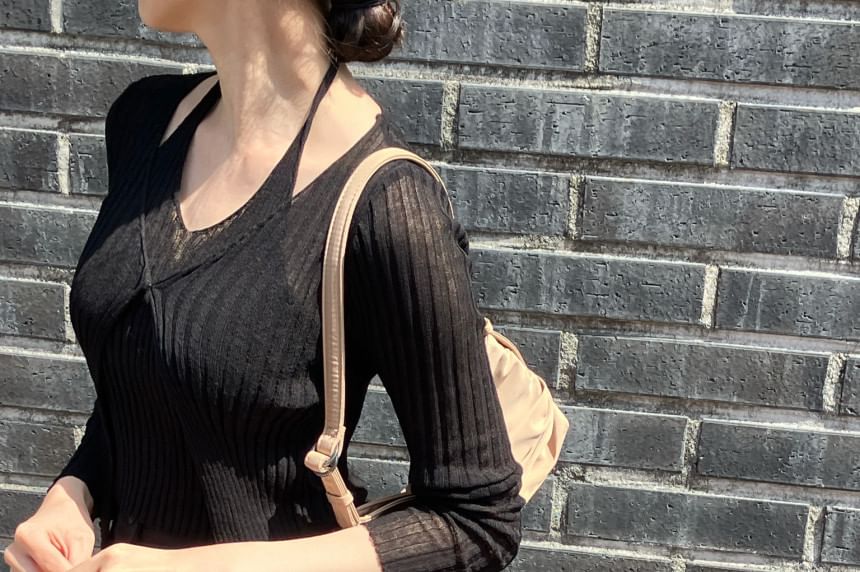 Halter Ribbed Knit Top + V-Neck Cardigan Set