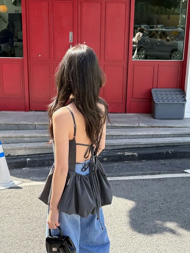 Peplum Tie-Back Camisole with Plain Fabric
