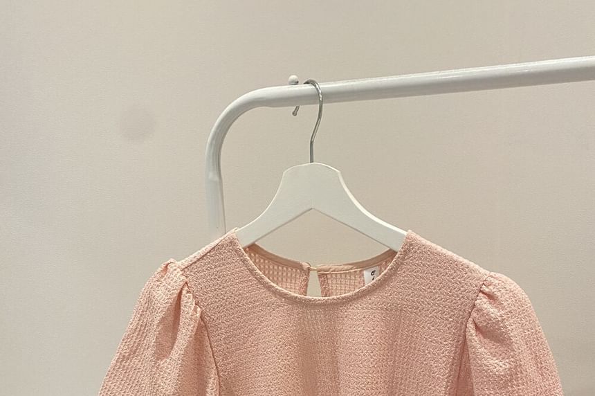 Puff Sleeve Round Neck Waffle Knit Top