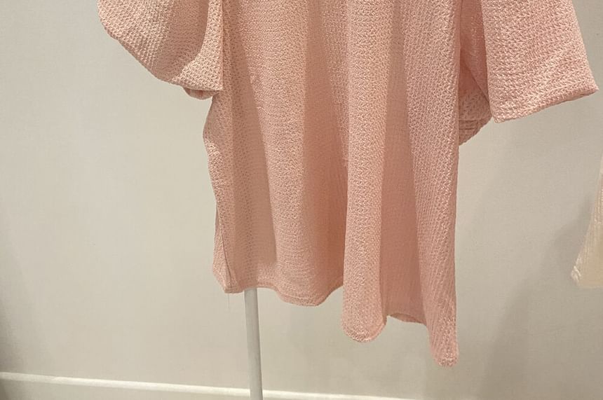 Puff Sleeve Round Neck Waffle Knit Top