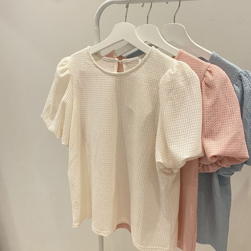 Puff Sleeve Round Neck Waffle Knit Top