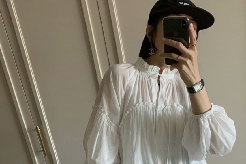 Long Sleeve Gathered Panel Blouse with Tie Neck