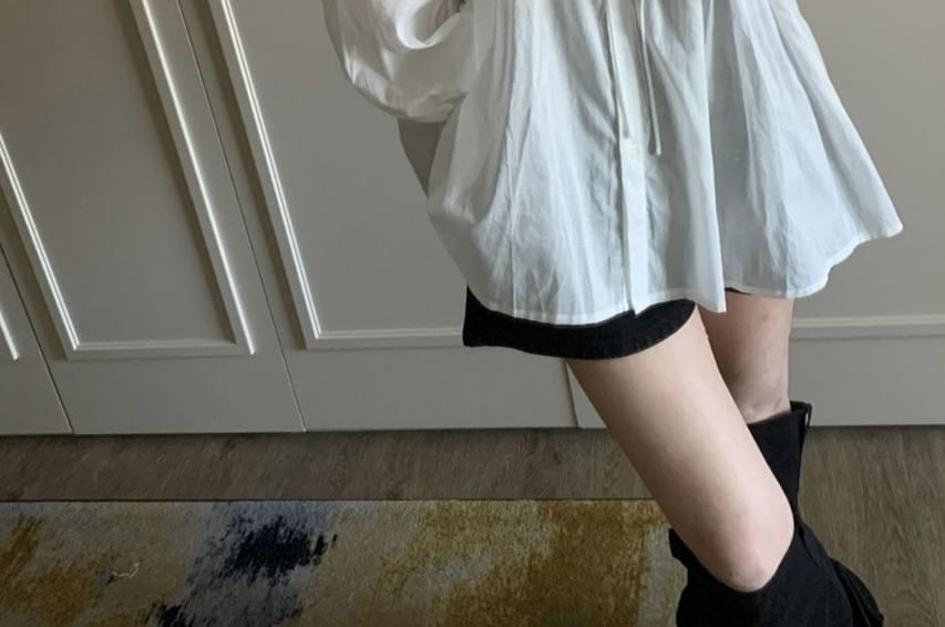 Long Sleeve Gathered Panel Blouse with Tie Neck