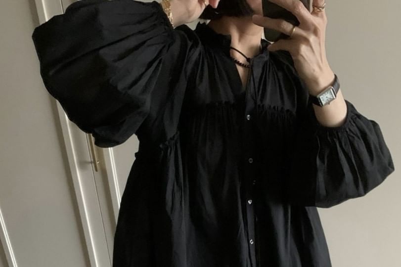 Long Sleeve Gathered Panel Blouse with Tie Neck