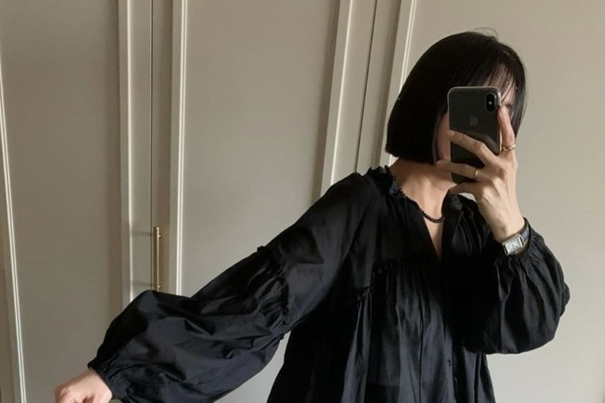 Long Sleeve Gathered Panel Blouse with Tie Neck