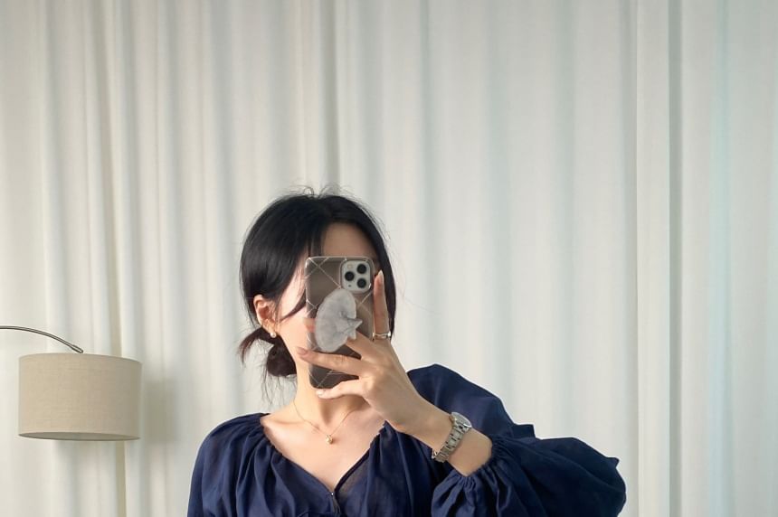 Peplum Tie-Front V-Neck Blouse with Cinched Sleeves