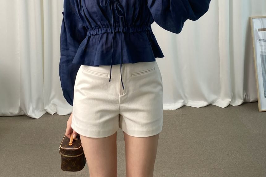Peplum Tie-Front V-Neck Blouse with Cinched Sleeves