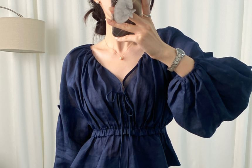 Peplum Tie-Front V-Neck Blouse with Cinched Sleeves