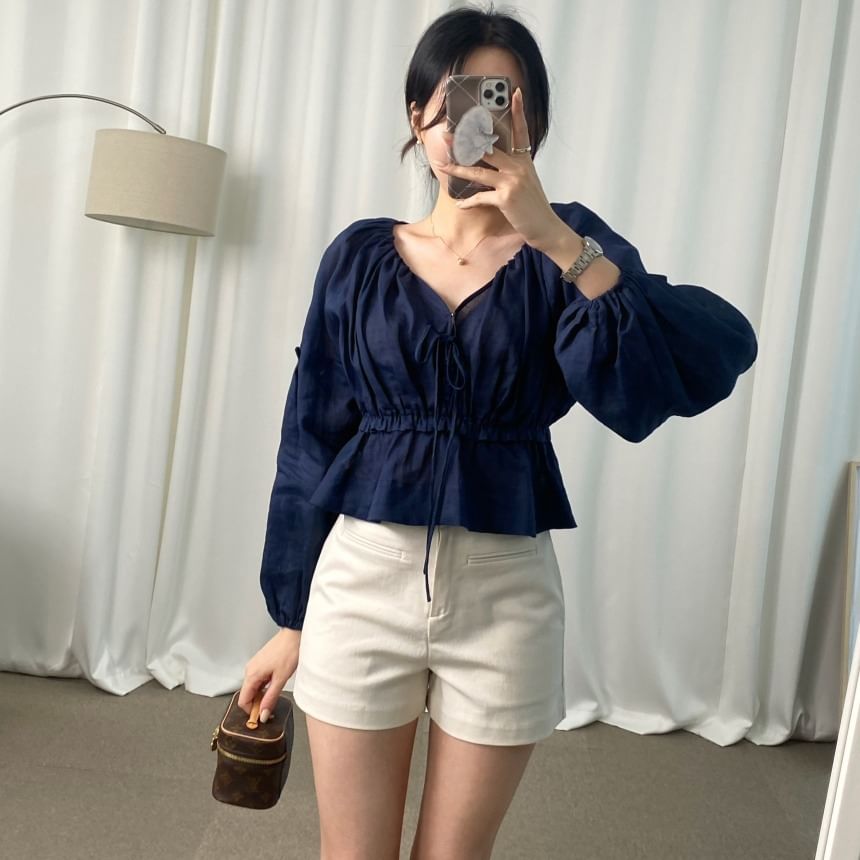 Peplum Tie-Front V-Neck Blouse with Cinched Sleeves