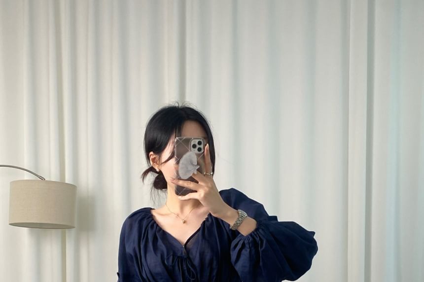 Peplum Tie-Front V-Neck Blouse with Cinched Sleeves