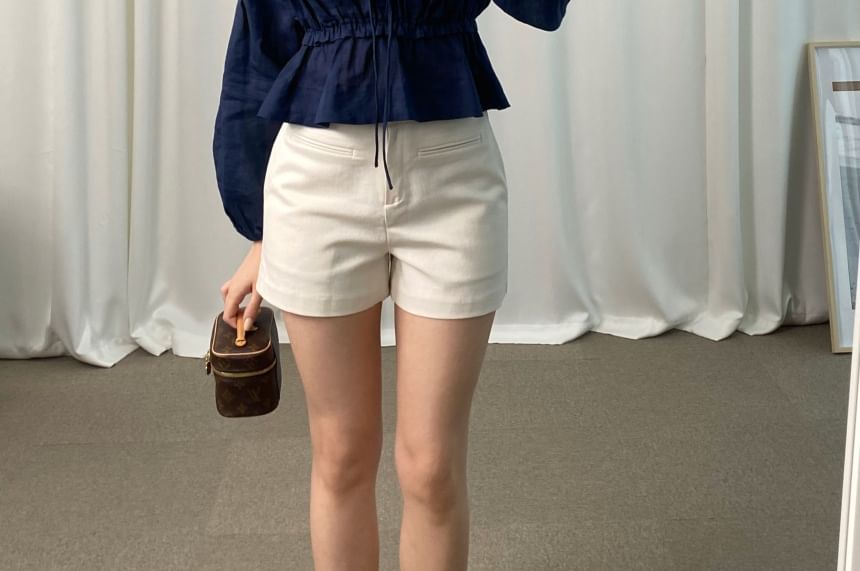 Peplum Tie-Front V-Neck Blouse with Cinched Sleeves