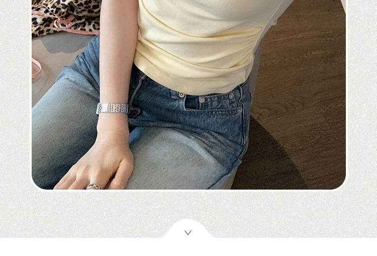 Ruched Lace-Trim V-Neck Tee with Short Sleeves