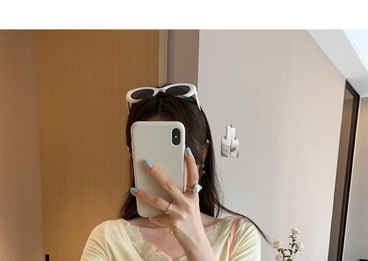 Ruched Lace-Trim V-Neck Tee with Short Sleeves
