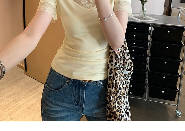 Ruched Lace-Trim V-Neck Tee with Short Sleeves
