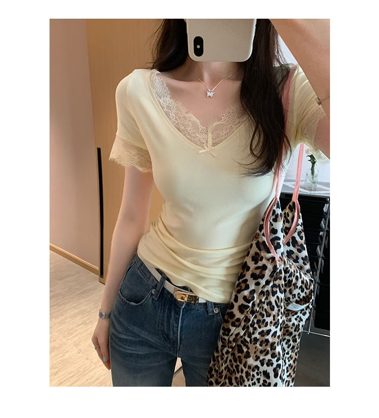 Ruched Lace-Trim V-Neck Tee with Short Sleeves