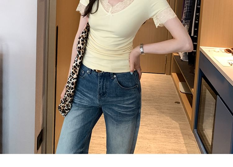 Ruched Lace-Trim V-Neck Tee with Short Sleeves