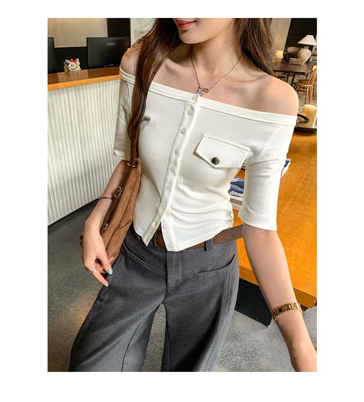 Off-Shoulder Button-Up Short Sleeve T-Shirt