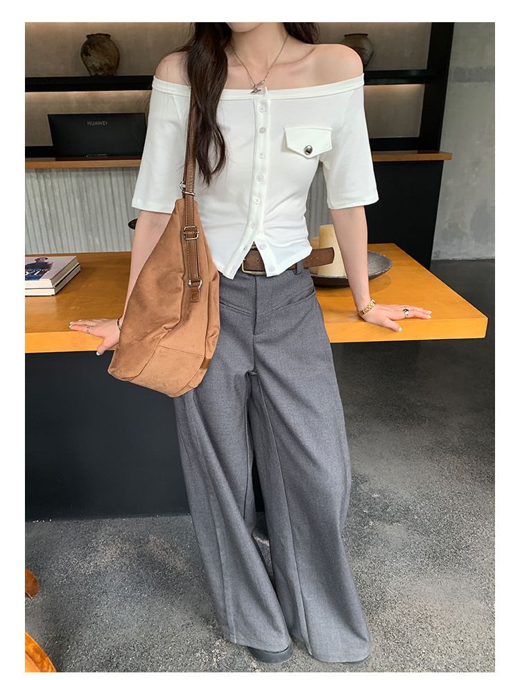 Off-Shoulder Button-Up Short Sleeve T-Shirt
