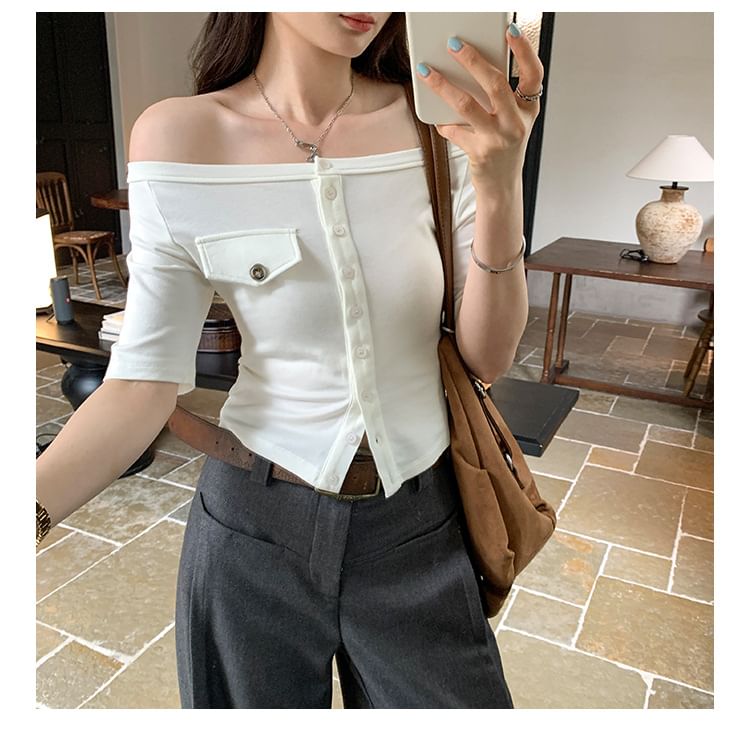 Off-Shoulder Button-Up Short Sleeve T-Shirt