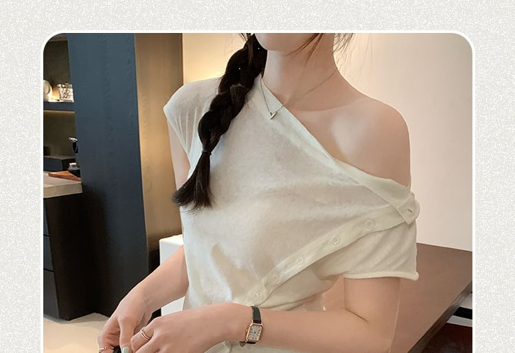 Off-Shoulder Button Front Short Sleeve Tee