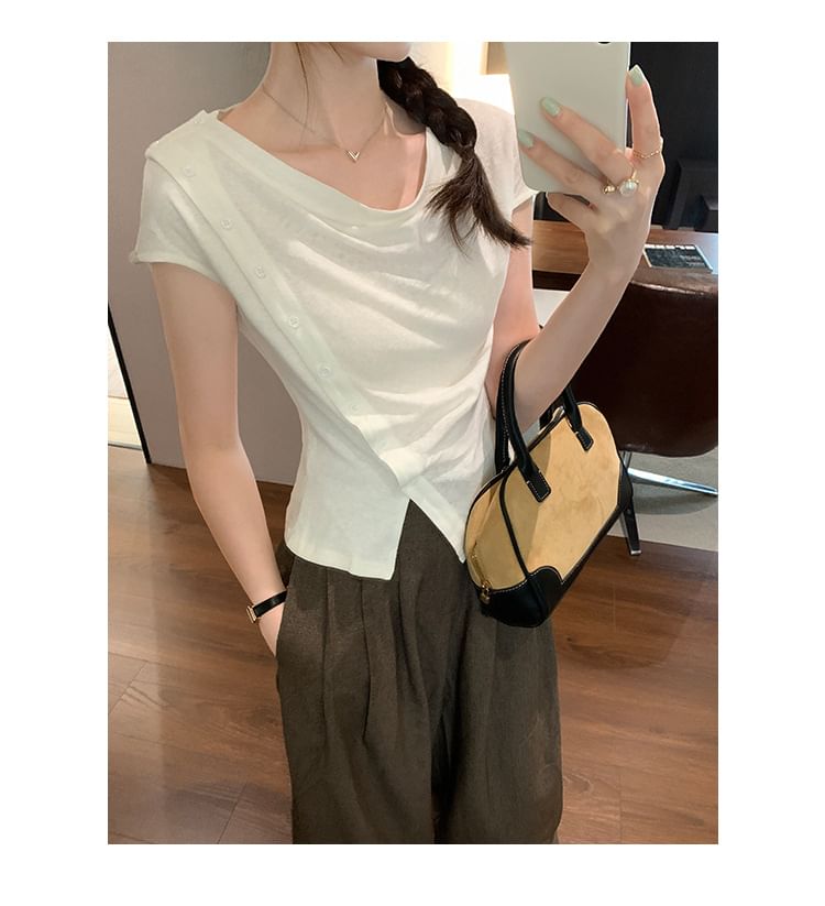 Off-Shoulder Button Front Short Sleeve Tee