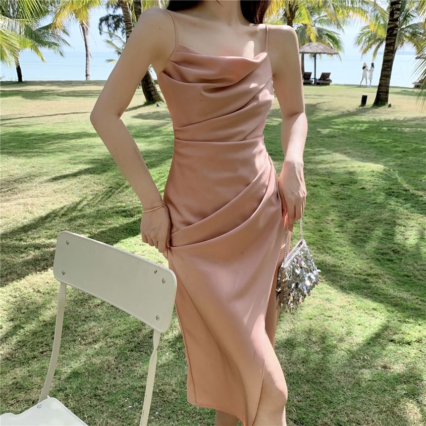 Spaghetti Strap Plain Ruched Slit Midi Sheath Dress