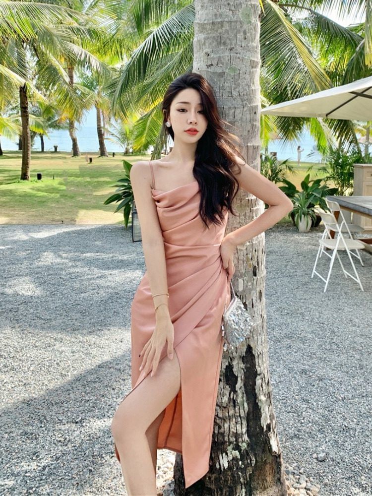Spaghetti Strap Plain Ruched Slit Midi Sheath Dress