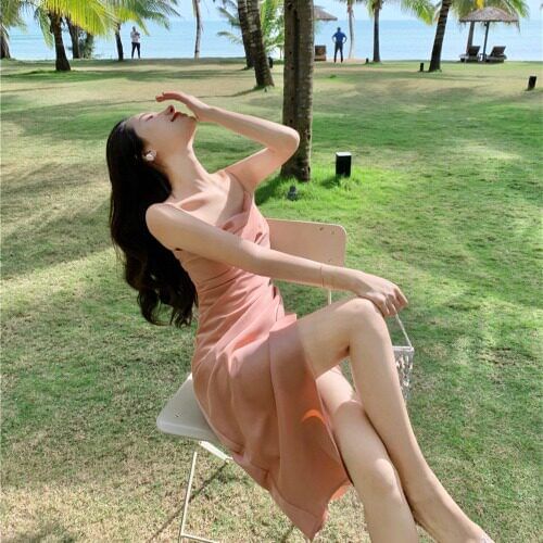 Spaghetti Strap Plain Ruched Slit Midi Sheath Dress
