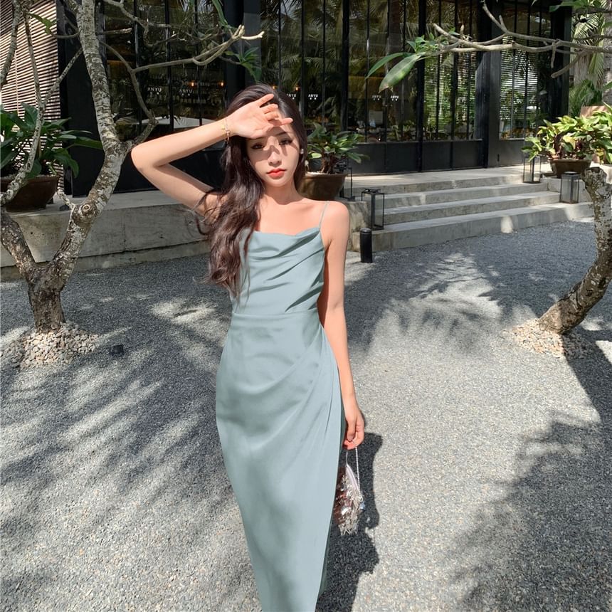 Spaghetti Strap Plain Ruched Slit Midi Sheath Dress