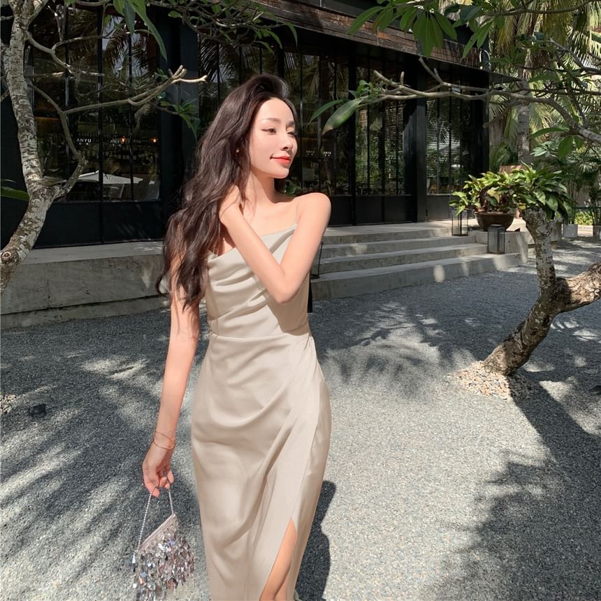 Spaghetti Strap Plain Ruched Slit Midi Sheath Dress