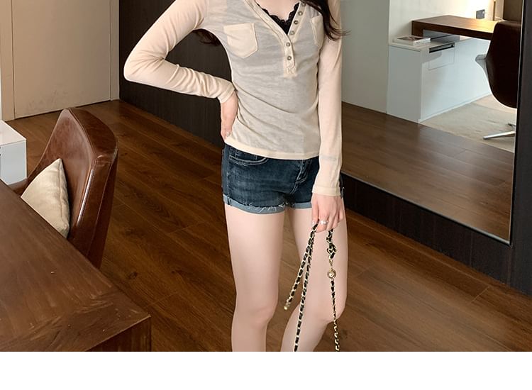 Slim-Fit Sheer Long-Sleeve V-Neck Tee in Solid Tone
