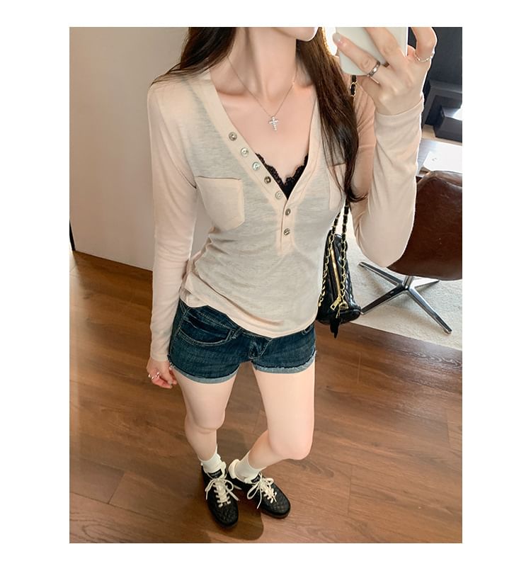 Slim-Fit Sheer Long-Sleeve V-Neck Tee in Solid Tone