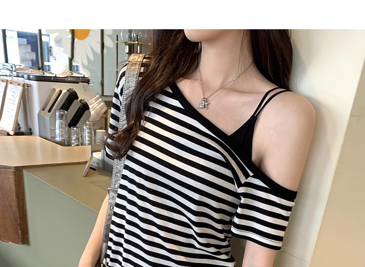 Striped Off-Shoulder Tee with Short Sleeves
