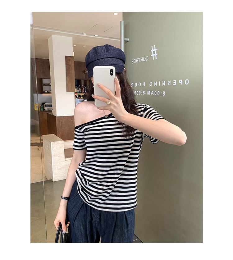 Striped Off-Shoulder Tee with Short Sleeves