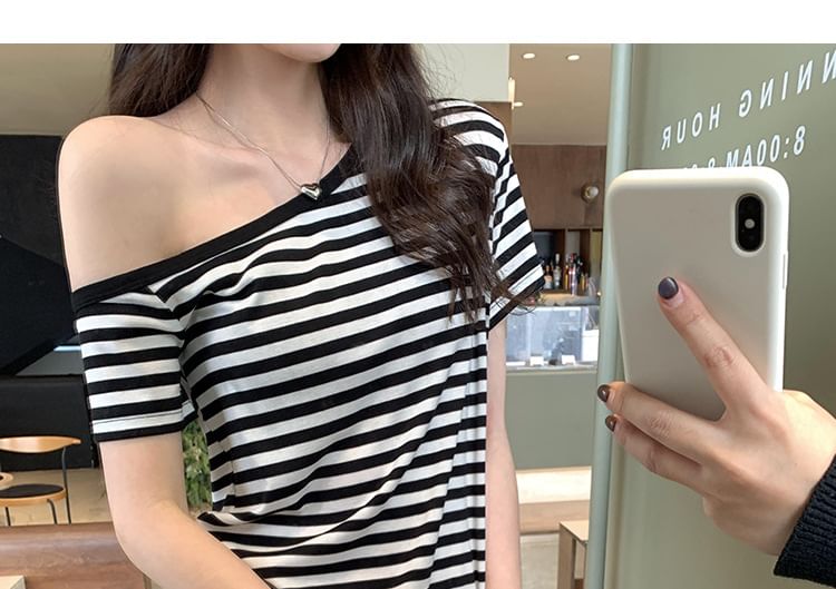 Striped Off-Shoulder Tee with Short Sleeves