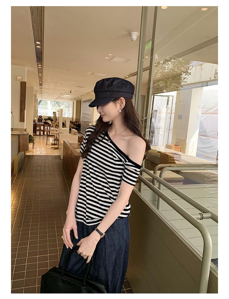 Striped Off-Shoulder Tee with Short Sleeves
