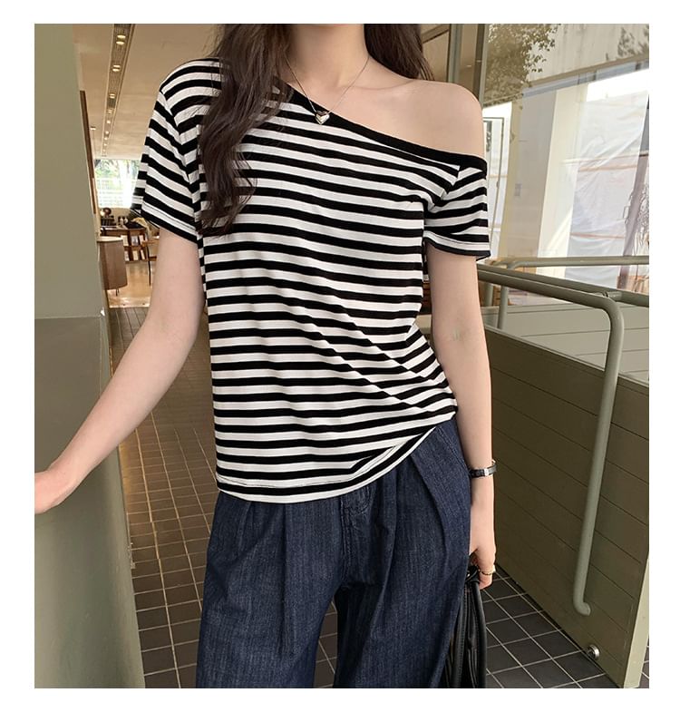 Striped Off-Shoulder Tee with Short Sleeves